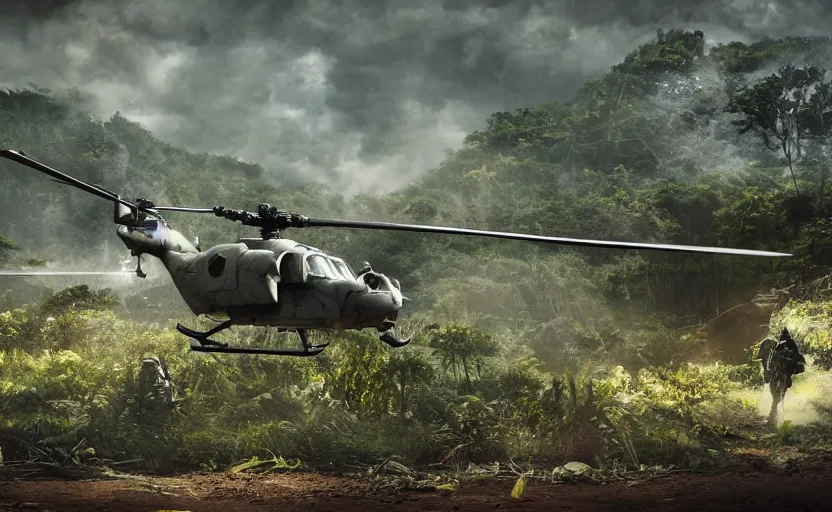 Image similar to photo of sci - fi war helicopter landing on jungle complex, ultra detailed, movie frame, cinematical composition, 4 k, breaking bad