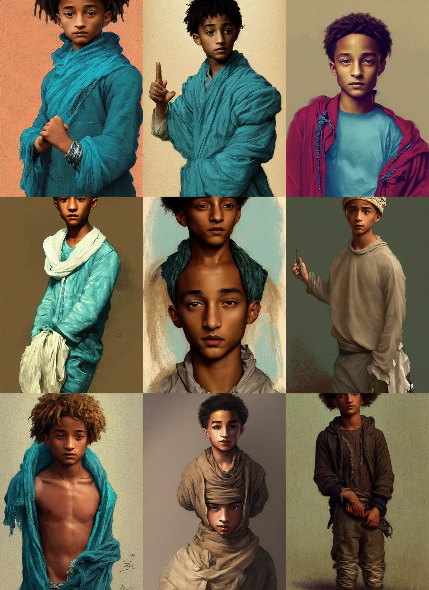 Prompt: jaden smith as young libyan boy, teal cloth, butch cut!!, intricate, dark, highly detailed, digital painting, artstation, sharp focus, illustration, orientalism, bouguereau, rutkowski, mucha