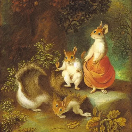 Prompt: squirrels in garden, style of Fragonard