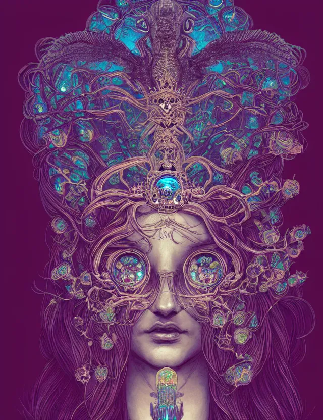 Image similar to symmetrical, centered, goddess close-up portrait wigh crown made of skulls. phoenix betta fish, phoenix, bioluminiscent creature, super intricate ornaments artwork by Tooth Wu and wlop and alena aenami and greg rutkowski