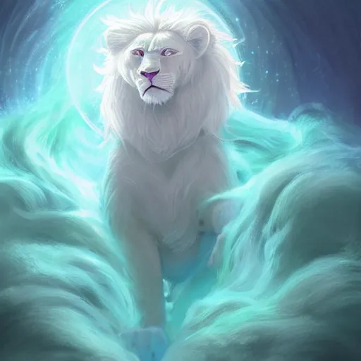 Image similar to aesthetic portrait commission of a albino male furry anthro lion entering a heavenly coherently shaped void made out of bubbles while wearing a cute mint colored cozy soft pastel wizard outfit, winter Atmosphere. Character design by charlie bowater, ross tran, artgerm, and makoto shinkai, detailed, inked, western comic book art, 2021 award winning painting