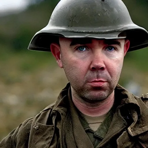 Prompt: Karl Pilkington in Saving Private Ryan, cinematic shot