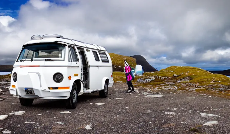 Image similar to tourist astronaut standing in the Isle of Harris, Scotland, a futuristic campervan in the background, wide angle lens, photorealistic