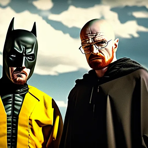 Image similar to Walter White and Jesse pinkman as Batman and Robin, 8k, high definition, highly detailed, photo realistic