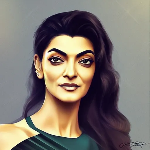 Image similar to “A dreamy masterpiece portrait of Sushmita Sen , artstation”