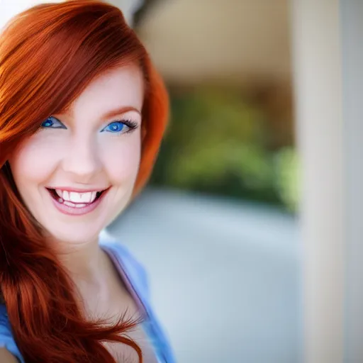 Prompt: selfie of a beautiful woman with auburn hair and blue eyes, smiling at the camera, 4 k
