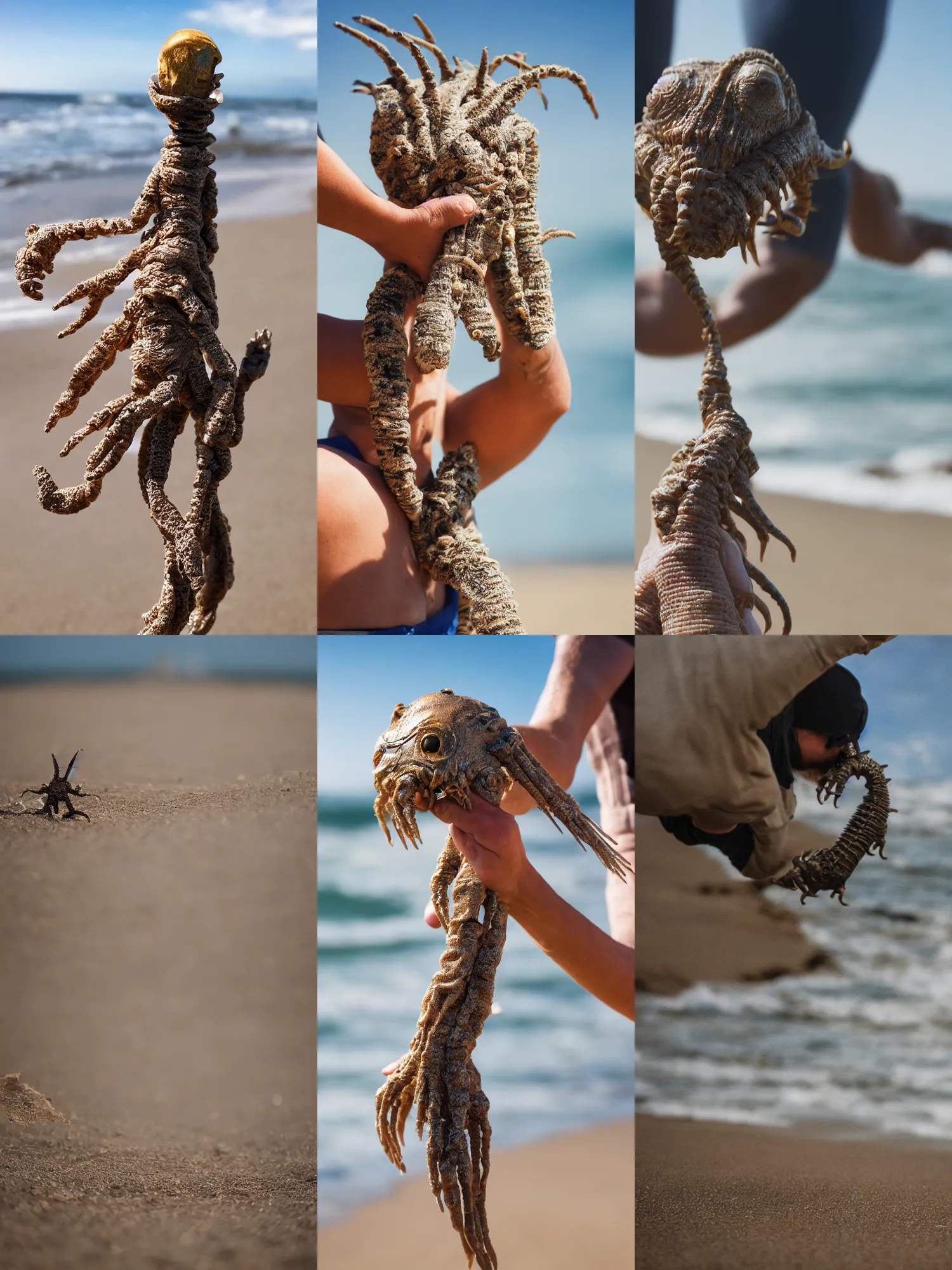 Prompt: a californian resident taking their facehugger for a walk on the beach, depth of field, soft focus, 4 k