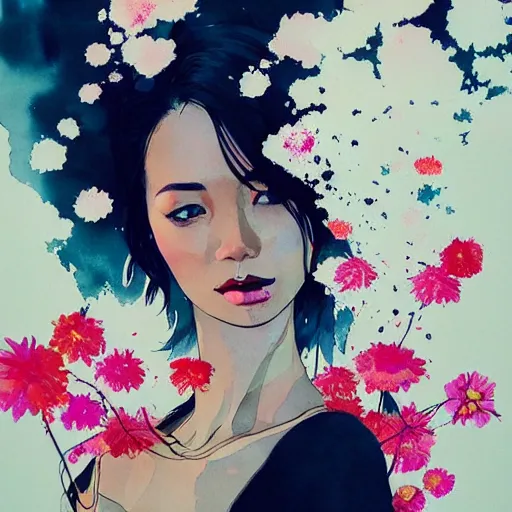 Image similar to candid portrait of very beautiful young filipino woman, surrounded by dramatic swirling smoke and flowers, dark background, by conrad roset, watercolor trending on artstation