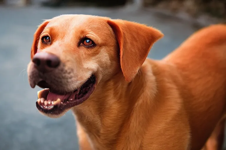 Prompt: closeup potrait of orange dog with crazy bulging eyes, licking its own nose, photograph, natural light, sharp, detailed face, magazine, press, photo, Steve McCurry, David Lazar, Canon, Nikon, focus