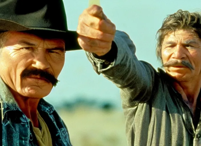 Image similar to film still of Charles Bronson pointing a pistol in the new City Slickers movie, 4k