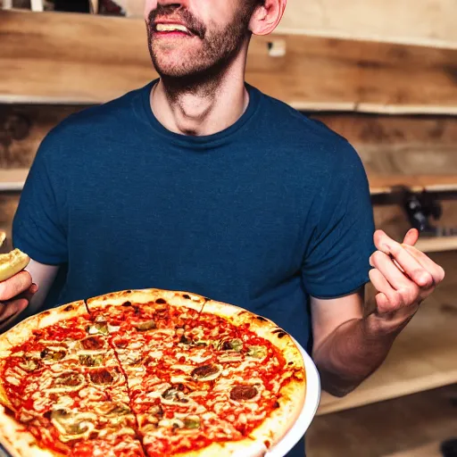 Image similar to a photo of a guy eating the best pizza he has ever eaten, hyper realistic, ultra detailed, 8 k, 2 8 mm lens