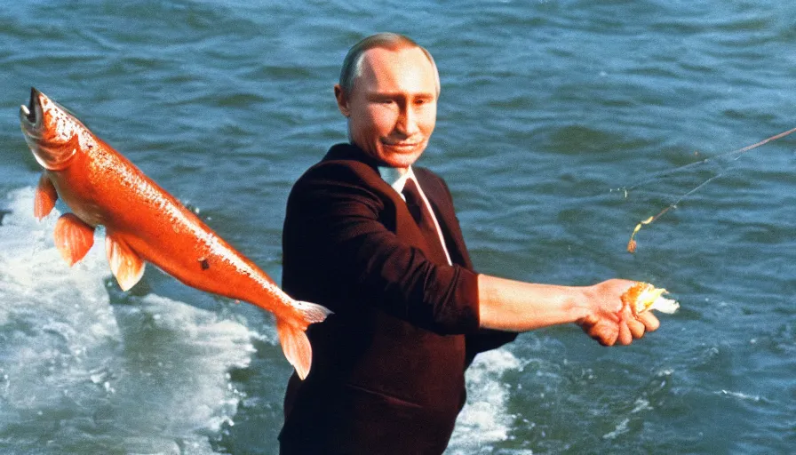 Image similar to 7 0 s movie still of putin catching a salmon with his hands, cinestill 8 0 0 t _ 3 5 mm eastmancolor, heavy grain, high quality, high detail