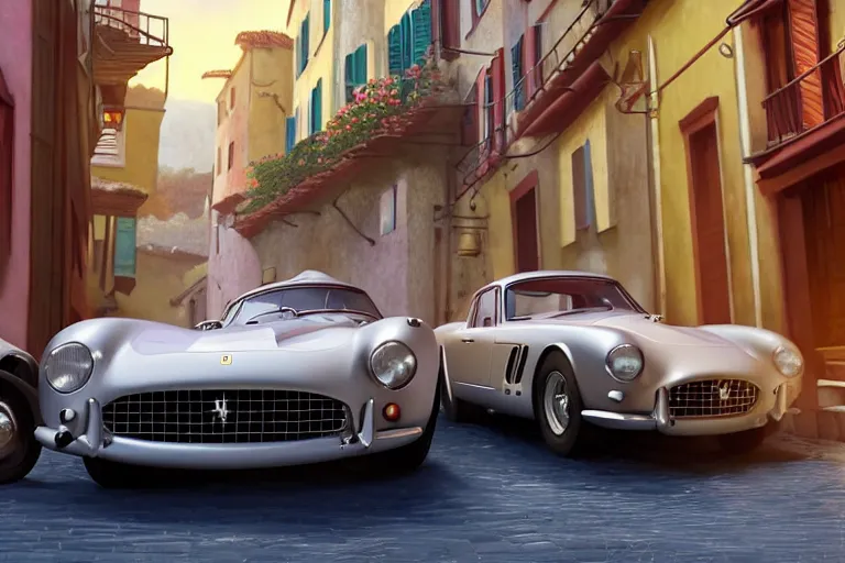 Image similar to a wholesome animation key shot of!! one!! focused!! ferrari 2 5 0 gt!! in beautiful cinque terre italian street, medium shot, studio ghibli, ( pixar ) and disney animation, sharp, very detailed, high resolution, rendered in unreal engine 5, anime key art by greg rutkowski, bloom, dramatic lighting