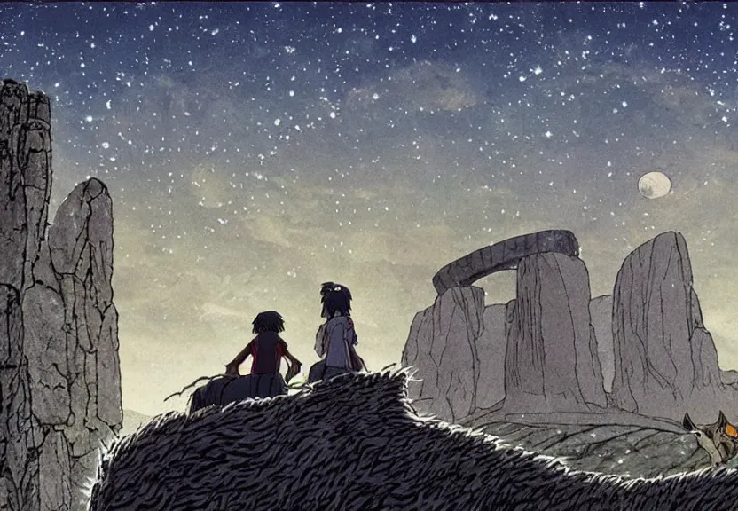 Image similar to a cell - shaded cartoon from princess mononoke ( 1 9 9 7 ) showing a huge giant grey monster. in the background is stonehenge on a misty and starry night. very dull muted colors, hd, 4 k, hq