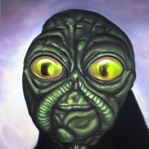 Image similar to high quality oil painting portrait of E.T. extra terrestrial in victorian manchester, dark background, high fantasy, perfect lighting