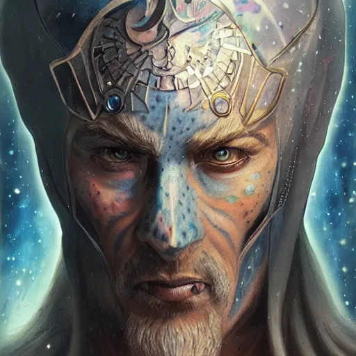 Image similar to an Artstation 3d render of Very very very very highly detailed beautiful mystic portrait of a phantom warrior with galaxy, tattoos by Anton Pieck, intricate, extremely detailed, digital painting, artstation, concept art, smooth, sharp focus, illustration, intimidating lighting, incredible art,