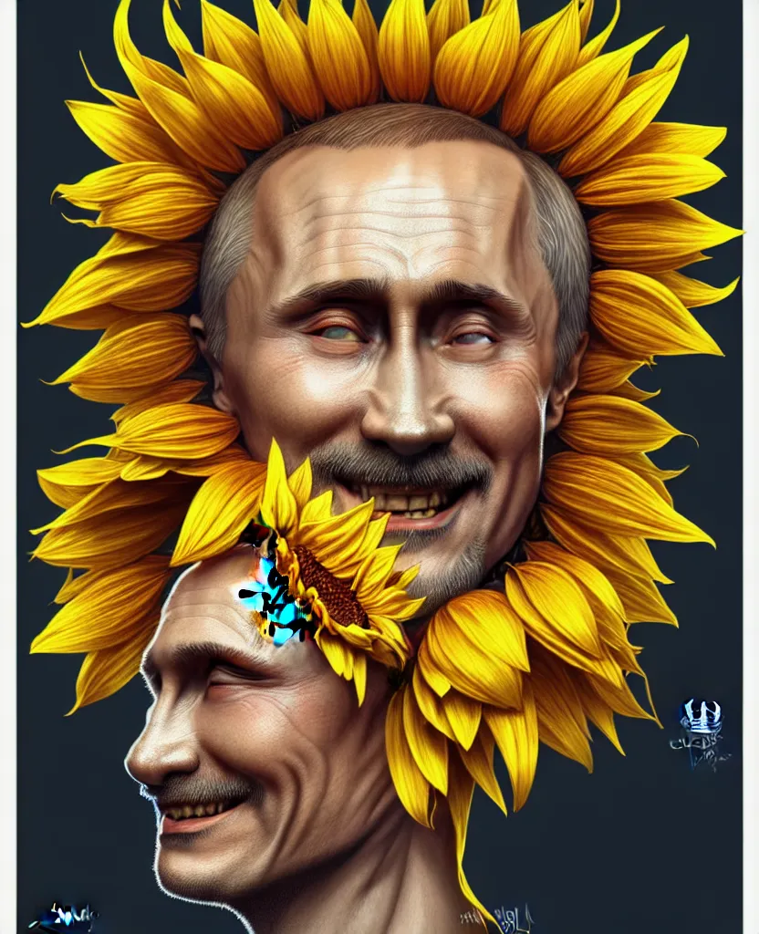 Image similar to digital art, centered full body of Putin smiling king, Sunflower crown, ,intricate, veins, by James Jean and by artgerm , by ross tran ultradetailed, charachter design, concept art, trending on artstation,