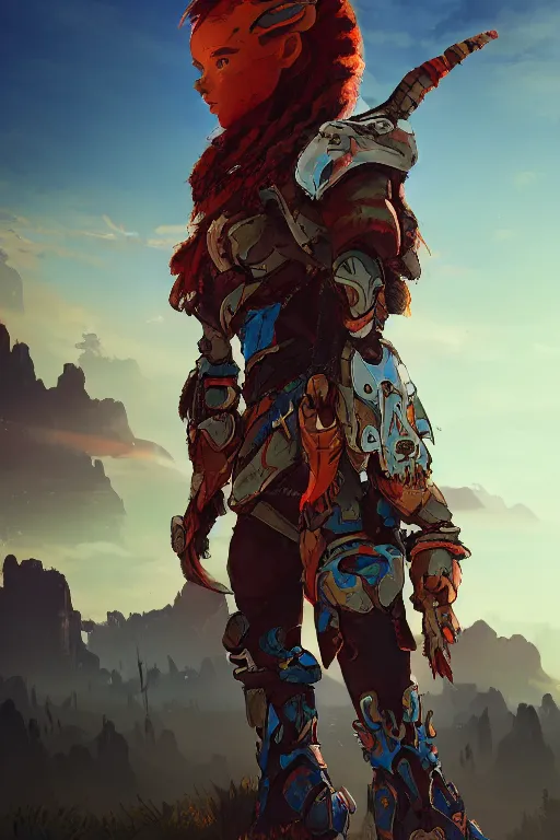 Image similar to combination suit armor aloy horizon forbidden west horizon zero dawn radiating a glowing aura global illumination ray tracing hdr fanart arstation by ian pesty and alena aenami artworks in 4 k tribal robot ninja mask helmet backpack