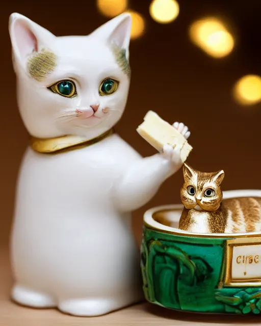 Image similar to high quality presentation photo of a a detailed porcelain figurine of a cute cat dressed as Napoleon holding a piece of chesse, photography 4k, f1.8 anamorphic, bokeh, 4k, Canon, Nikon