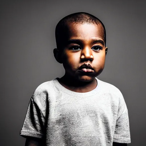 Image similar to the face of young kanye west wearing yeezy clothing at 3. 5 years old, black and white portrait by julia cameron, chiaroscuro lighting, shallow depth of field, 8 0 mm, f 1. 8