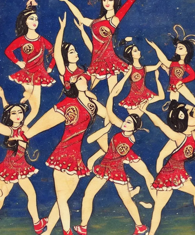 Image similar to a persian miniature painting, cute cheerleaders dancing, shorts, ultra sharp, extra details, ultra high quality, trending on pinteresst