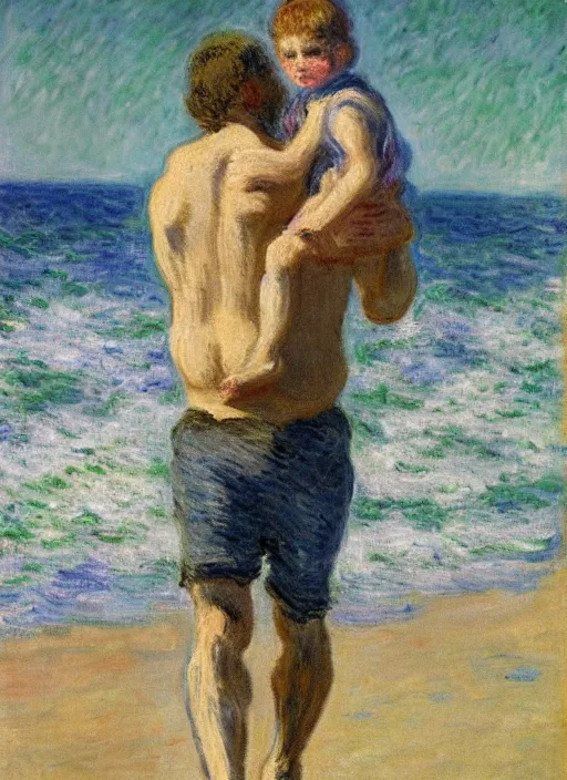 Image similar to a clothed man carrying his child over his shoulders walking near the beach, anatomically correct, painting by monet, masterpiece