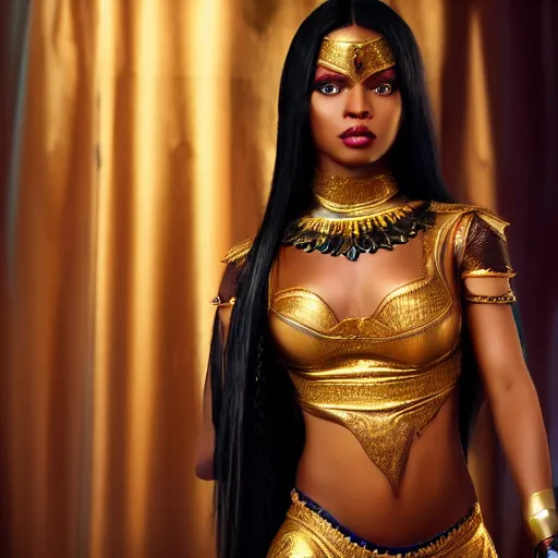 Prompt: aesthetic!!!!!! Female genie in Arabic clothing, black skin, long black hair, gold tint, frontal pose, cinematic lighting, silk, fabric, full-length view, film still by Dennis Villeneuve, 8K, symmetrical balance, in-frame