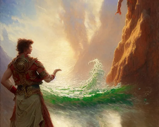 Image similar to attractive male wizard casting powerful giant tsunami spell in a beautiful lake. highly detailed painting by gaston bussiere, craig mullins, j. c. leyendecker 8 k