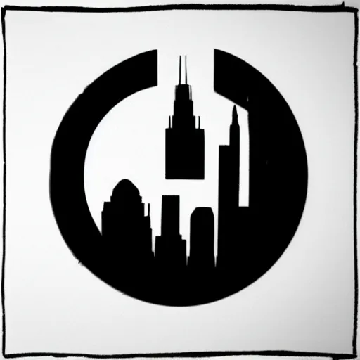 Image similar to a perfect circle, the outer edge of the circle is the silhouette of a city skyline, black and white, minimalist, in the style of a line drawing