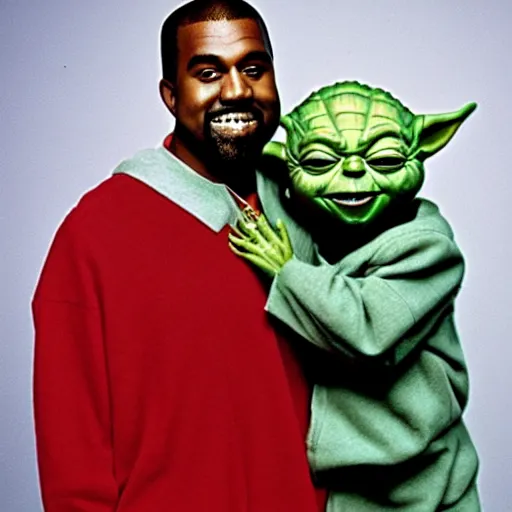 Image similar to kanye west smiling and holding yoda for a 1 9 9 0 s sitcom tv show, studio photograph, portrait