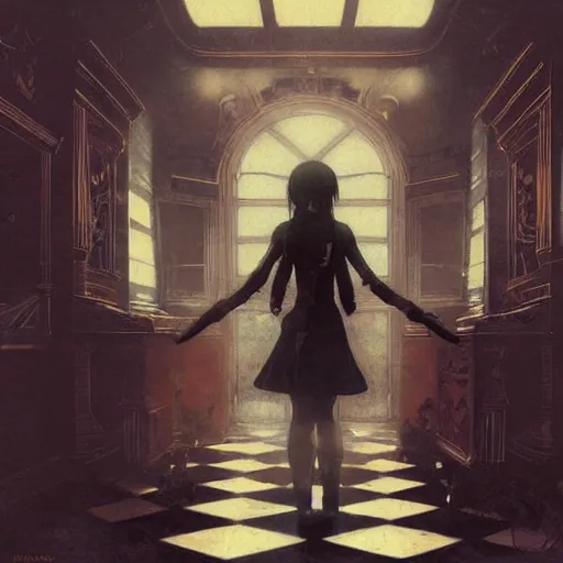 Prompt: a lonely young girl with straight long black hair wearing black dress that sitting on bathroom floor, art by artgem, greg rutkowski and alphonse mucha for capcom co, resident evil