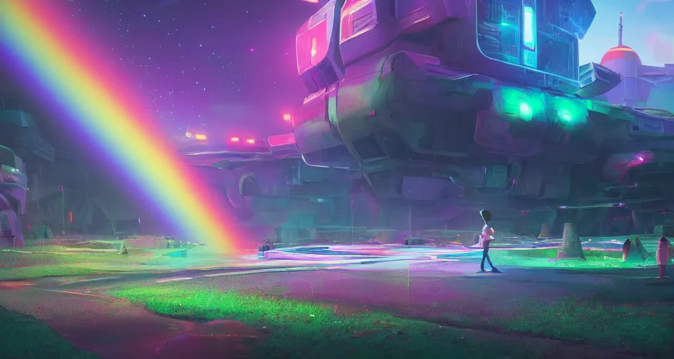 Prompt: Rainbow road, rendered by simon stålenhag, rendered by Beeple, Makoto Shinkai, syd meade, environment concept, digital art, starwars, Gundam Style, unreal engine, 3 point perspective, WLOP, trending on artstation, low level, 4K UHD image, octane render,