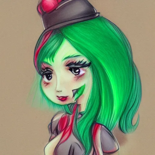 Prompt: drawing of my dream girl, green hair, short, cute