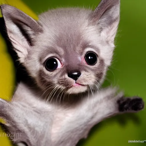 Prompt: bat kitten hybrid, bold natural colors, national geographic photography, masterpiece, full shot