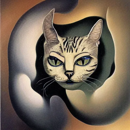 Prompt: a surrealist painting of a cat by salvador dali, beautifully detailed, smooth, intricate