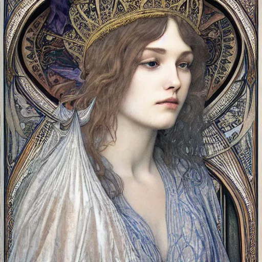 Prompt: detailed realistic beautiful young medieval queen face portrait by jean delville, alphonse mucha, and marco mazzoni, art nouveau, symbolist, visionary, gothic, pre - raphaelite