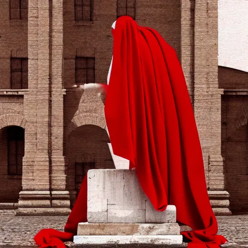 Image similar to a roman statue covered by red cloth that's blowing in the wind, digital art, concept art, cloth simulation with houdini, octane, redshift, 8 k