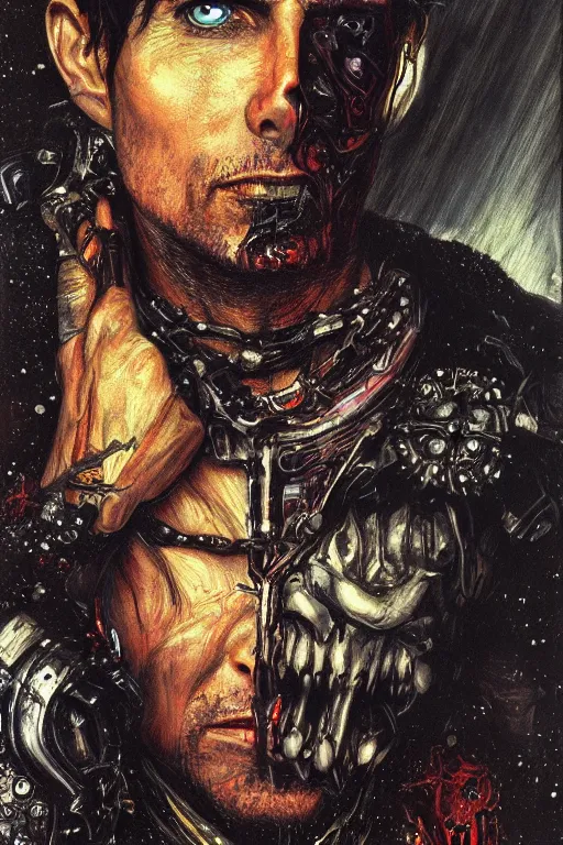 Image similar to portrait of demonic gothic Tom Cruise holy priest, cyberpunk, Warhammer, highly detailed, artstation, illustration, art by Gustav Klimt