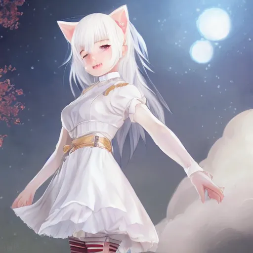 Prompt: realistic beautiful gorgeous natural cute young teenager girl white hair cute white cat ears in maid dress outfit golden eyes artwork drawn full HD 4K highest quality in artstyle by professional artists WLOP, Taejune Kim, Guweiz, ArtGerm on Artstation Pixiv