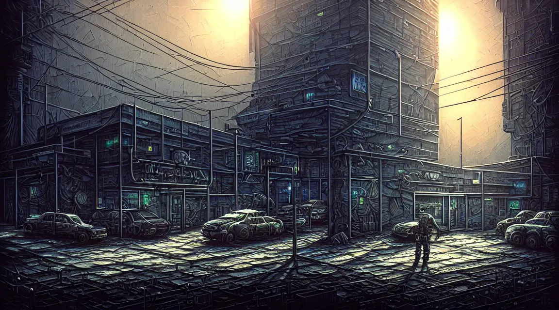 Image similar to post - apocalyptic police station, concrete building, paved roads, by dan mumford, by h. r giger, highly detailed photography, trending on artstation, hyperrealistic, human silhouettes, cyberpunk, environment artist, dystopian, science fiction, synthwave neon retro