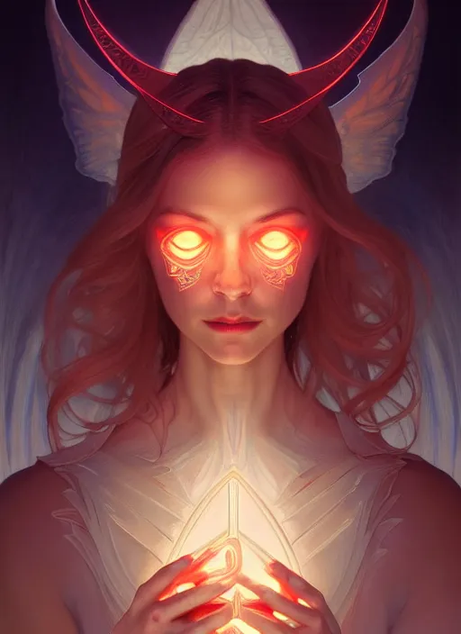 Image similar to symmetry!! demon afraid of angel, glowing lights!! intricate, elegant, good vs evil, highly detailed, digital painting, artstation, concept art, smooth, sharp focus, illustration, art by artgerm and greg rutkowski and alphonse mucha, 8 k