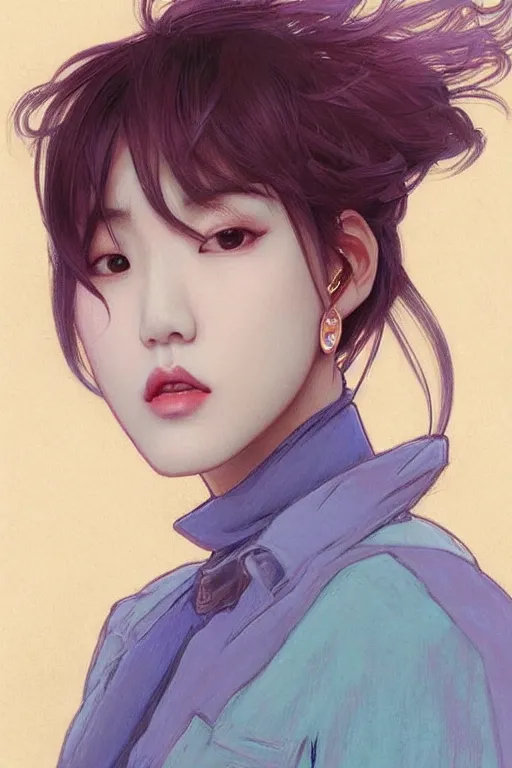 Image similar to portrait of kpop idol, expressive pose, lively expression, a pastel by chip zdarsky, trending on pinterest, mingei, full body, stylish, intricate, elegant, rose tones, highly detailed, digital painting, artstation, concept art, smooth, sharp focus, illustration, art by artgerm and greg rutkowski and alphonse mucha