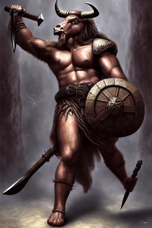 Prompt: Giant horned minotaur warrior with two handed axe, leather armor, full body, muscular, dungeons and dragons, hyperrealism, high details, digital painting, dark fantasy