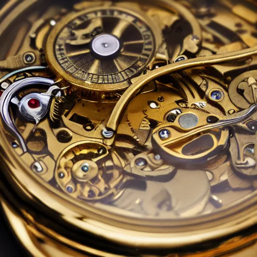 Image similar to close up photo of a gold pocket watch, high detail, complex,