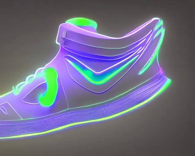 Prompt: A 3D concept desing of futuristic nike sneakers with neon lights from below, unreal engine 5