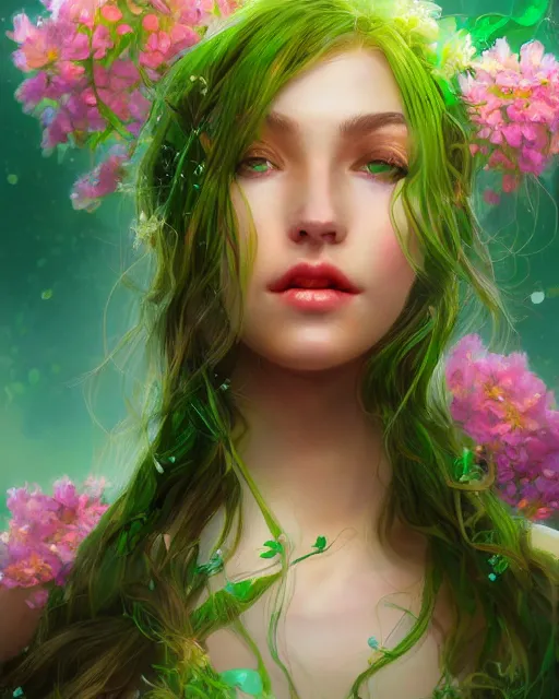 Prompt: spring, green, colorful flowers, portrait of a beautiful flora sorceress, flowy hair, cinematic lighting, highly detailed, digital painting, trending on artstation, pixiv, concept art, sharp focus, illustration, art by ross tran and wlop