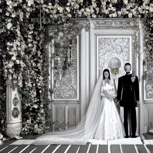 Prompt: A wide full shot, colored black and white Russian and Japanese mix historical fantasy a photograph portrait taken of inside the royal wedding floral covered venue inspired by a enchanted ethereal forest, photographic portrait, warm lighting, 1907 photo from the official wedding photographer for the royal wedding. ultra realistic, photorealistic, octane render, ray cinematic.