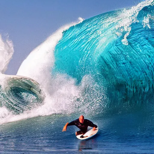 Prompt: kelly slater surfing, surfing in a barrel wave with a great white in the face of the wave under the water, large shark, clear water, high detailed colors, bright deep blue