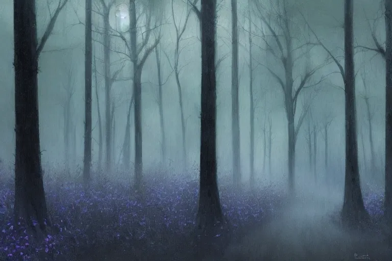 Image similar to dark and spooky painting of a forest dimly lit at night with tiny purple morning glory flowers trailing at the base of trees. foggy cinematic volumetric darkness, muted colour palette, detailed oil painting on canvas kazuo oga, makoto shinkai