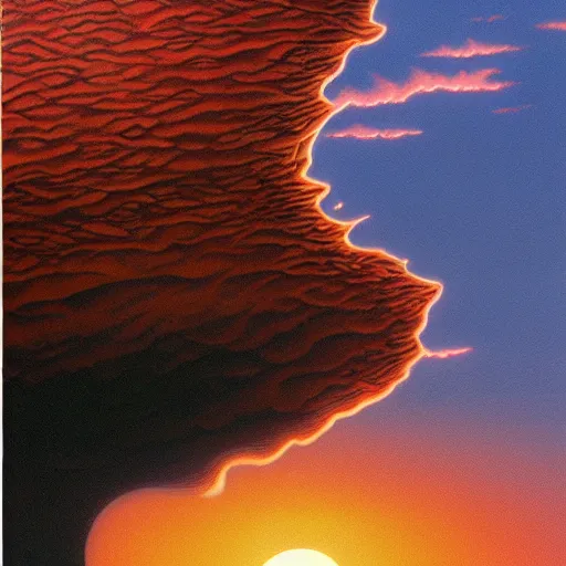 Image similar to bio-futurism,utopia,differential growth,beautiful sunset,michael whelan,photorealistic,detailed